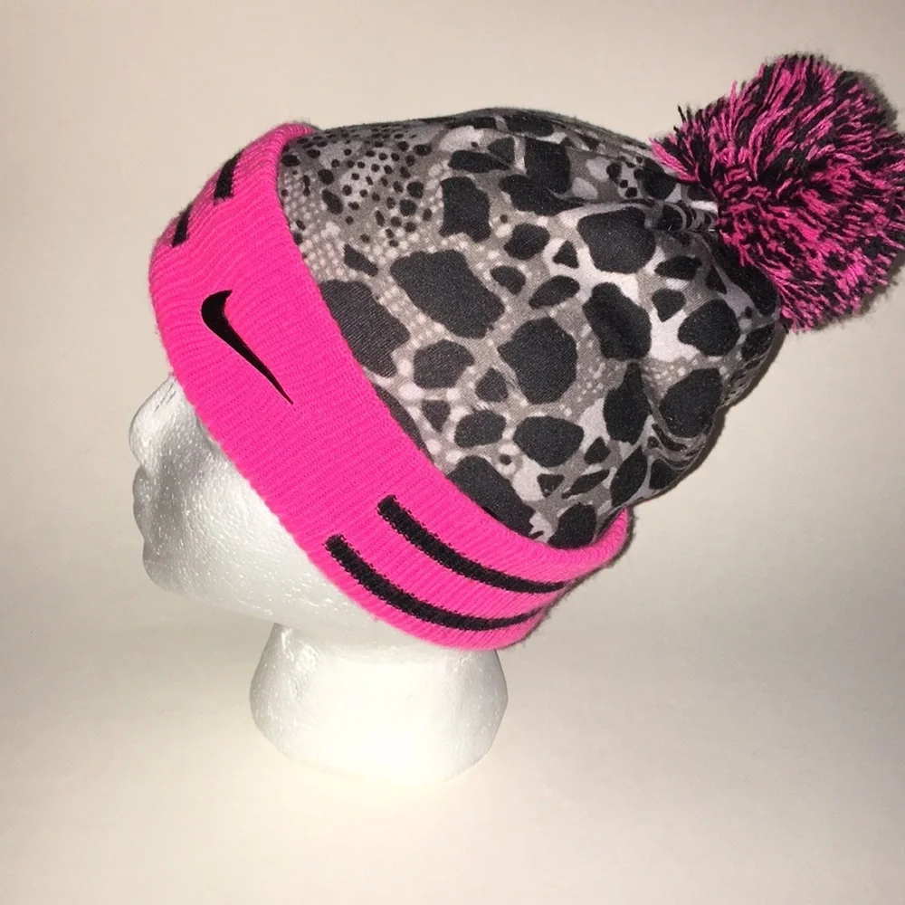 Nike/Youth Neon Pink & Black w/Gray & Black animal print, pink/black PomPom